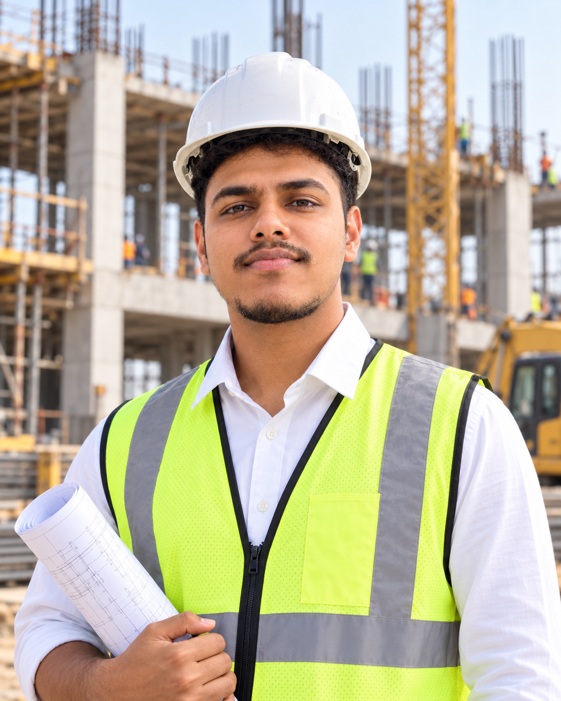 Joshua Martin in hard hat and hi-vis vest on a building site