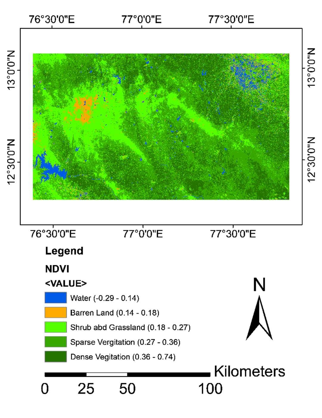 Normalised Difference Vegetation Index map of the Mandya study area derived from Landsat 8 imagery