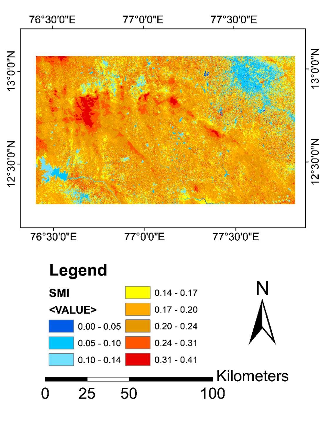 Soil Moisture Index map of the Mandya study area derived from Landsat 8 imagery